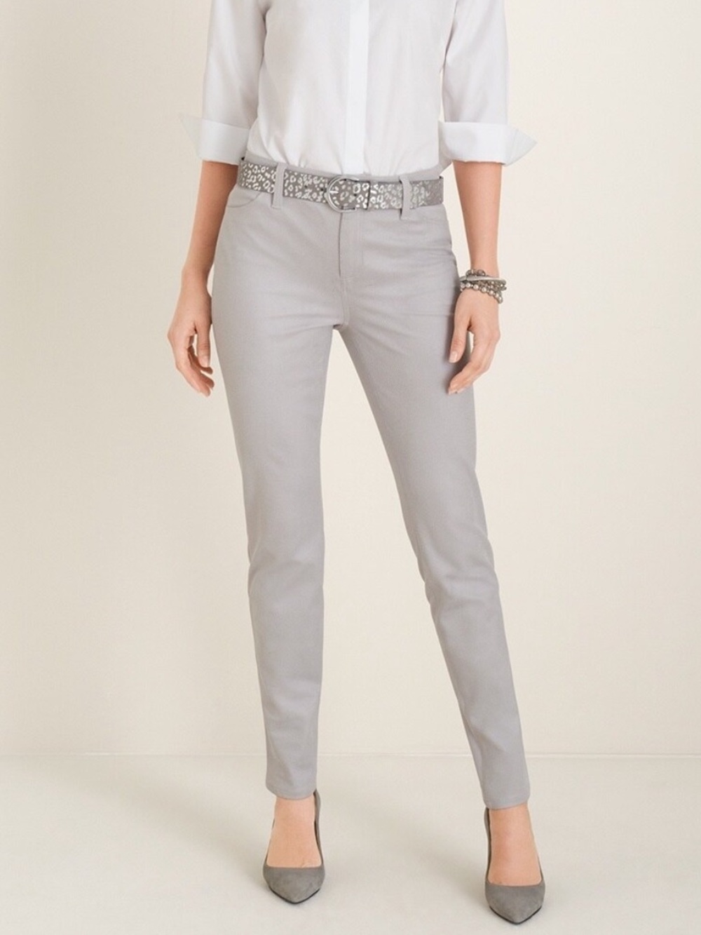 Chico's size 10 faux suede Skinny Ankle Pants in Light Gray